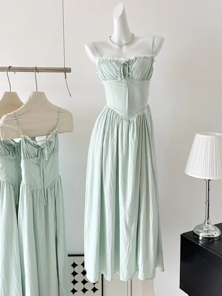 Summer New Spaghetti Strap Backless Midi Dresses for Women Lace-up Sleeveless Beach Style Korean Fashion One Piece Vestido Mujer