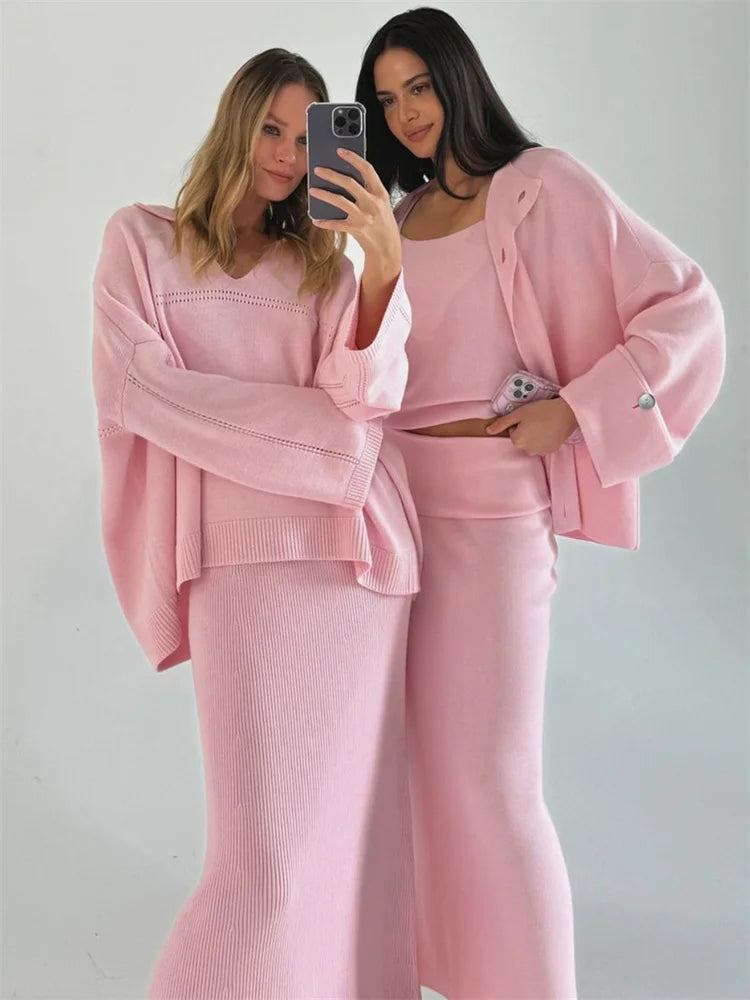 Autumn 2 Piece-Set Maxi Skirt Female V-Neck Loose Patchwork Fashion Pullover And Long Skirt Sets Elegant Ladies Outfits
