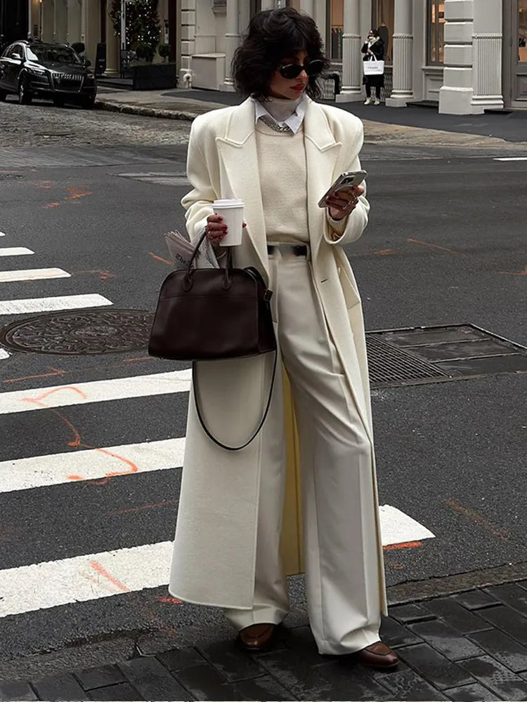 White Elegant Double Breasted Loose Woolen Coat Women Chic Oversized Long Sleeve Overcoat Fall Winter New Ladies Outerwear