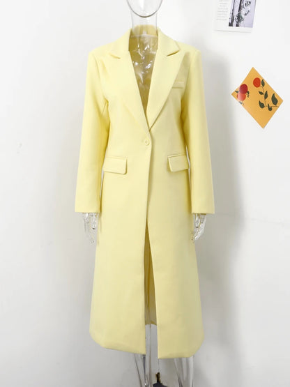 Fashion Woolen Long Coat Women  Autumn Full Sleeve Button Fake Pocket Split Yellow Overcoat Elegant Oversize New in Outwear