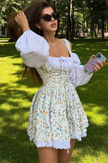 Lace Patchwork Square Collar Mini Dress