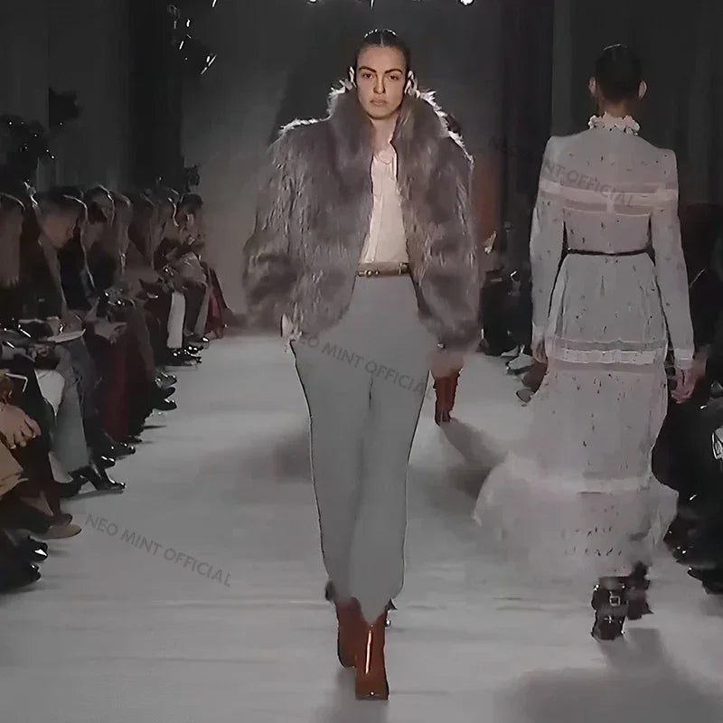 Luxury Brand Runway Fluffy Faux Fur Coat Women Luxurious Fox Fur Stand Collar Short Jacket  Winter Streetwear Overcoat