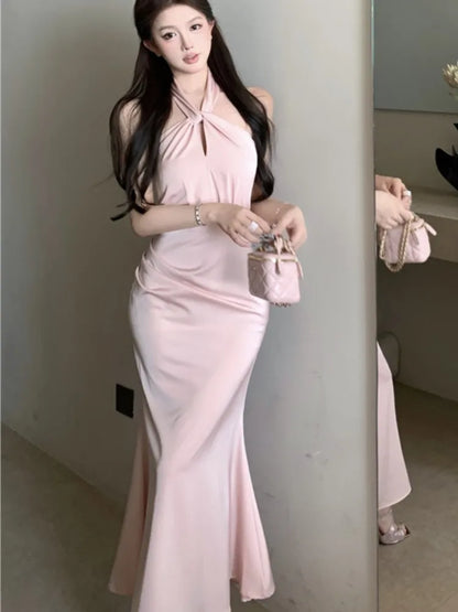 Sexy Bodycon Satin Evening Party Dress Sleeveless Halter Slim Mermaid Summer New Midi Dresses for Women Prom Vestidos Mujer