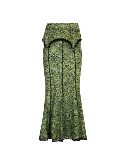 Forest Green Print Aesthetic Vacation Long Skirts Womens Vintage Lace Trim Mermaid Skirt
