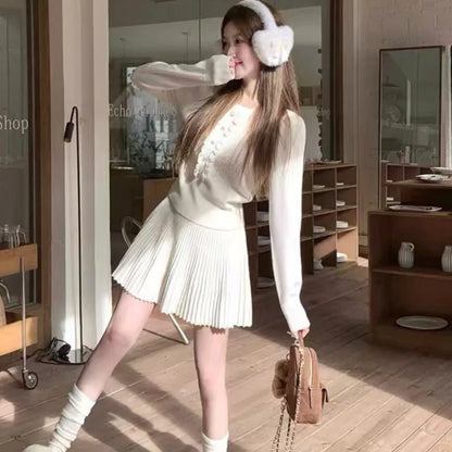 Autumn Preppy Style Knitted 2-piece Sets Women O-neck Long Sleeve Top Pleated Mini Skirt Korean Fashion Casual Outfits New Suit