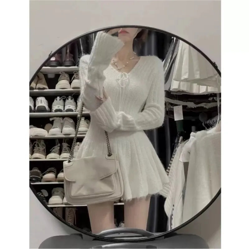 Sexy Solid Autumn Winter Elegant Knitted Dresses for Woman Y2K Harajuku Slim Sweater Dress New Korean Chic Mini Party Dress