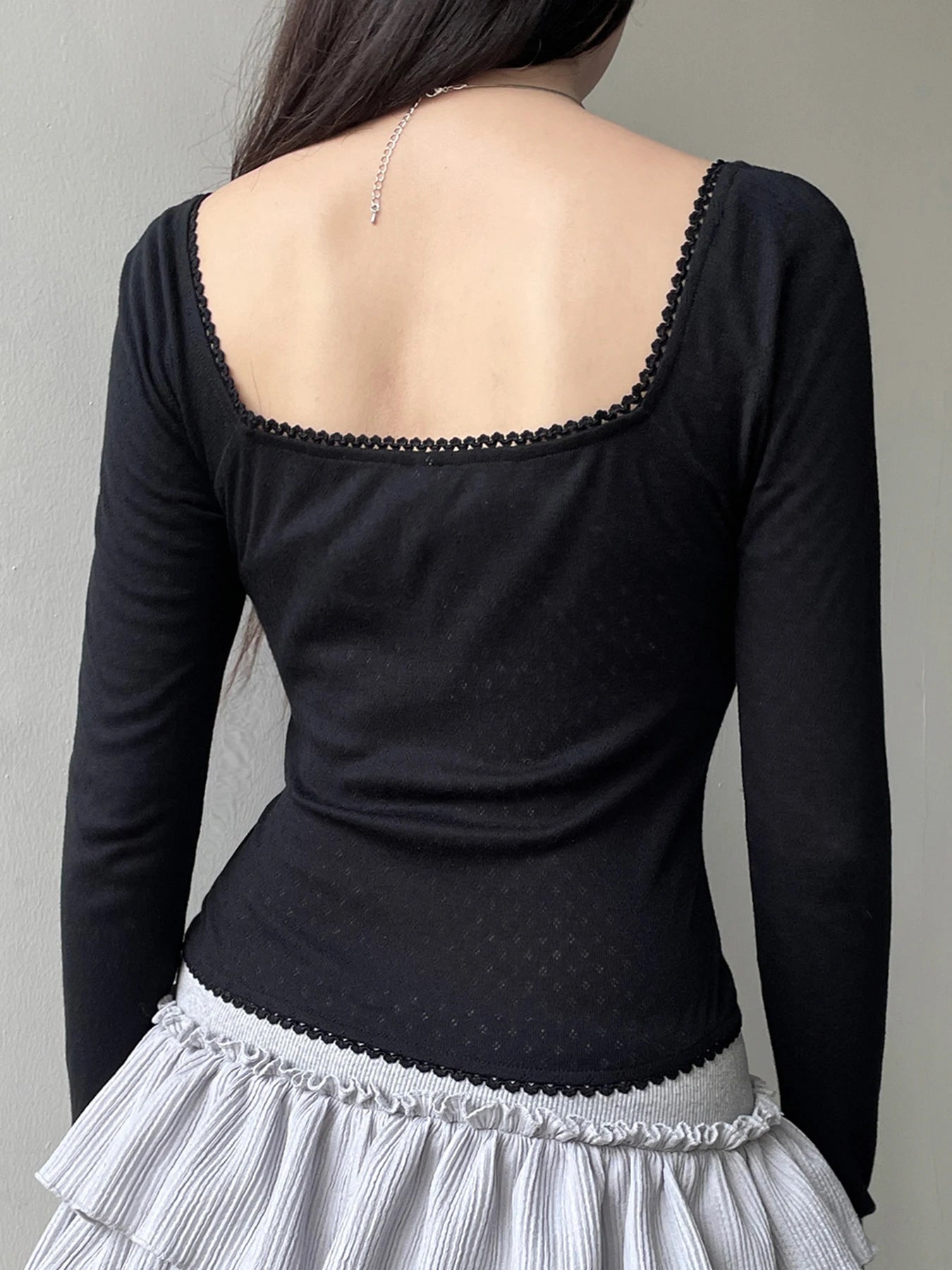 Korean Fashion Shirring Bow Square Collar Slim Long Sleeve Black T Shirt Women White Solid Basic Cute Japanese Top Tee