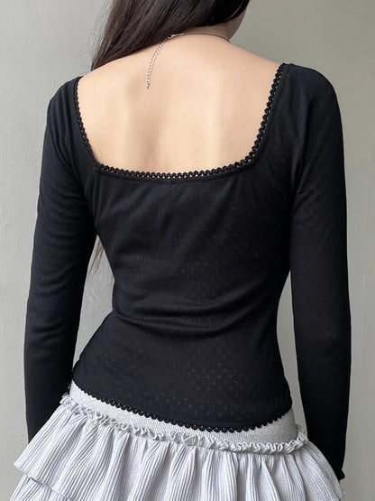 Korean Fashion Shirring Bow Square Collar Slim Long Sleeve Black T Shirt Women White Solid Basic Cute Japanese Top Tee