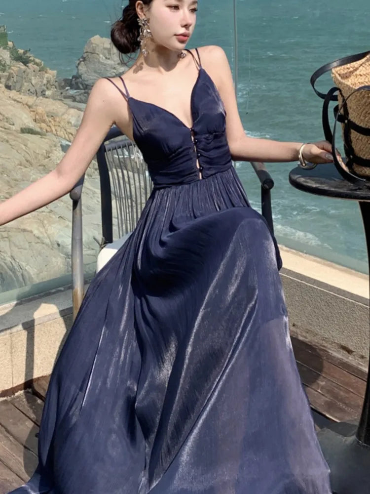 Summer New Spaghetti Strap Long Dresses for Women V-neck A-line Evening Party Dress Backless Prom Robe One Piece Vestido Mujer