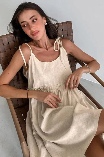 Spaghetti Strap Loose Mini Dress with Lace Up Detail