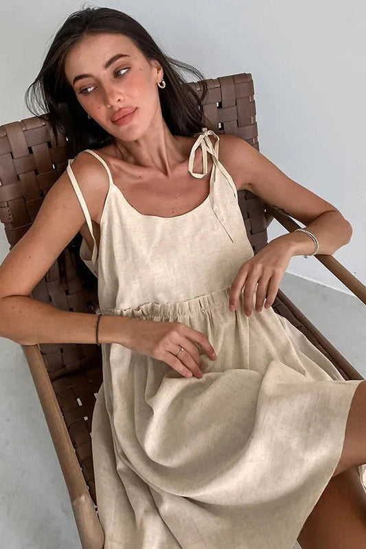 Spaghetti Strap Loose Mini Dress with Lace Up Detail