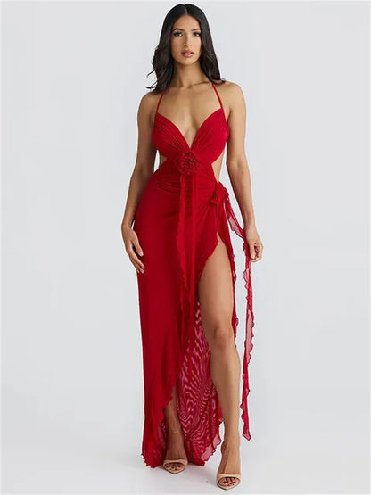 Sexy Printed Mesh Long Dress Women Lace-Up Floral Backless Hollow Out Ruffled Fashion Bandage Dress Women’s Dress Summer