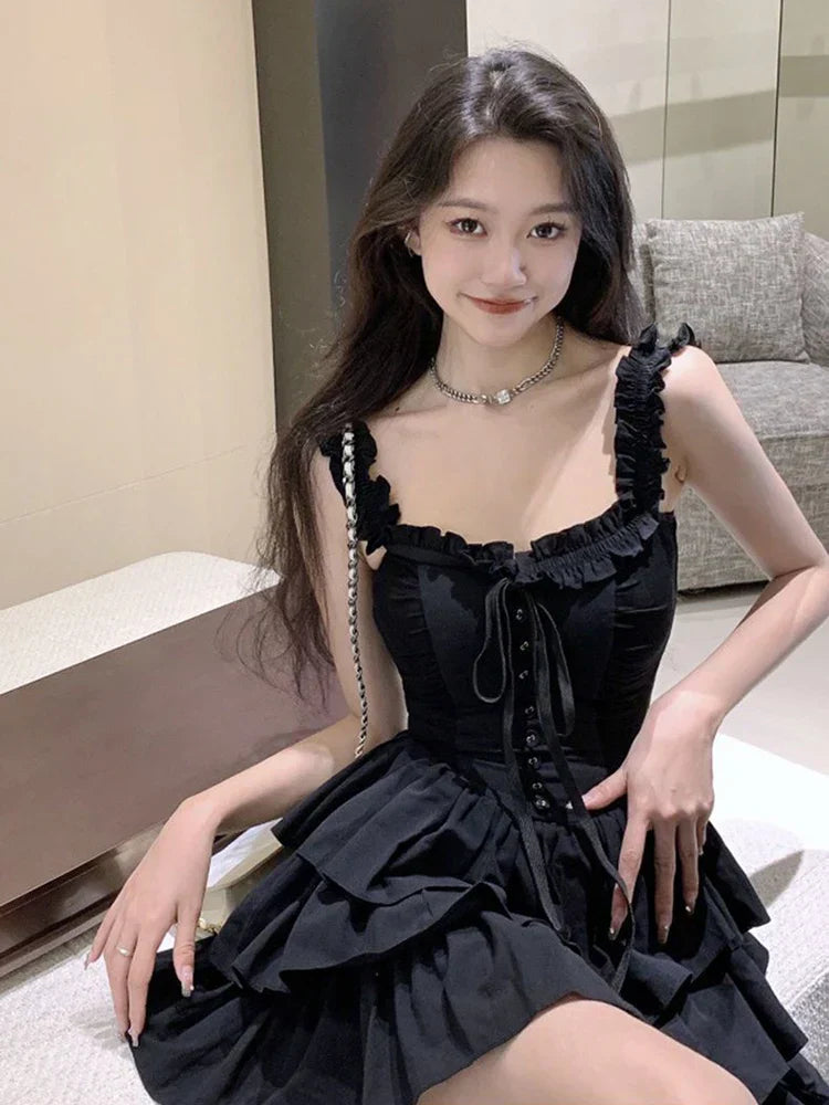 Voguable  Slip Lolita Style Black Dress Vintage Sleeveless Y2K Mini Dress Slim Sweet Korean Lace Up Cake Dress New