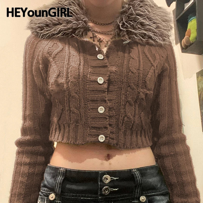 Y2K Brown Buttons Crop Sweater with Detachable Fur Collar Autumn Vintage 2000s Knitted Cardigan Slim Winter Outfits