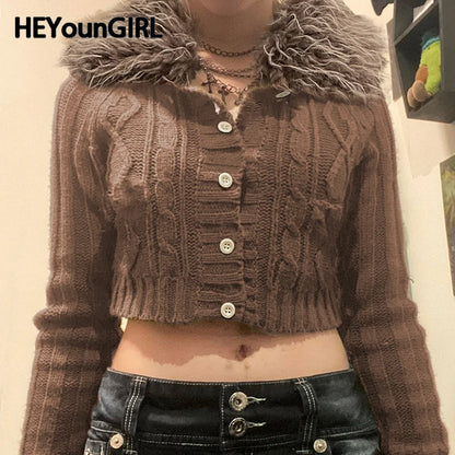 Y2K Brown Buttons Crop Sweater with Detachable Fur Collar Autumn Vintage 2000s Knitted Cardigan Slim Winter Outfits