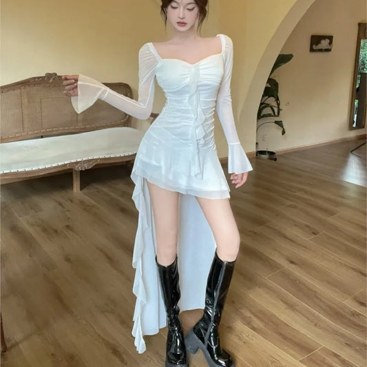 Y2K Irregular Evening Party Dress Mesh Long Sleeve Square Collar Ruffles A-line Sexy Dresses for Women Korean Fashion Vestidos