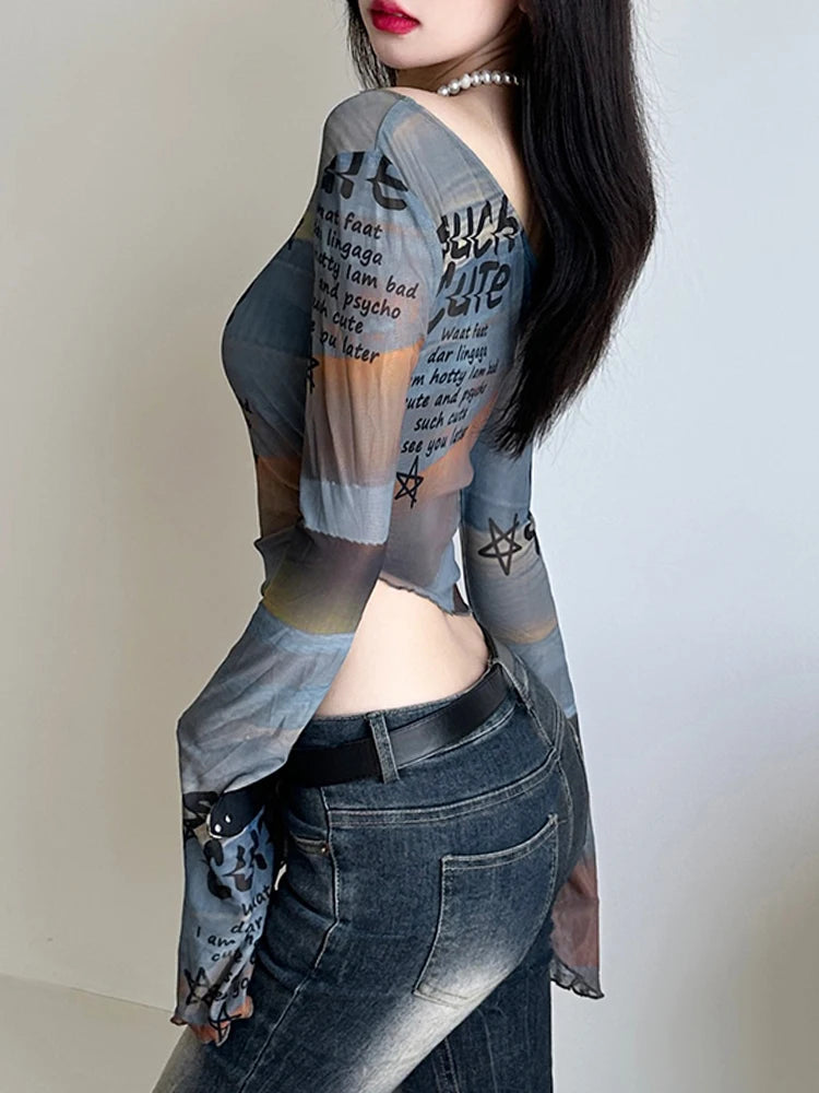 Colour Letter Print Fabric Skew Collar Asymmetric Women Top Tees Flared Sleeve Design Chic Slim Personality Blouses