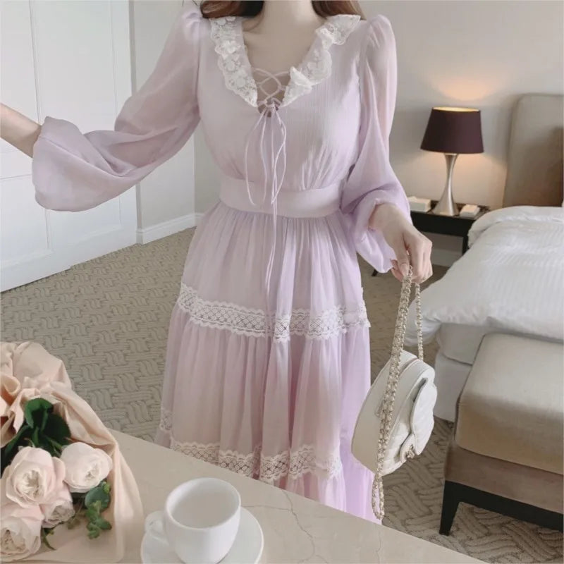 French Vintage Fairy Midi Dresses for Women Lantern Sleeve High Waist V-neck A-line Princess Party Dress Casual Female Vestidos
