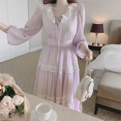 French Vintage Fairy Midi Dresses for Women Lantern Sleeve High Waist V-neck A-line Princess Party Dress Casual Female Vestidos