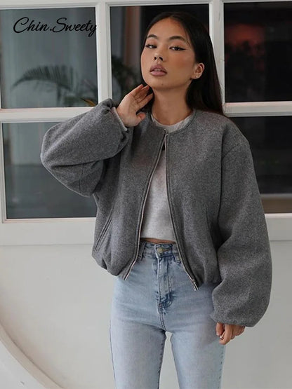Retro Solid Woolen Women’s Bomber Jacket Long Lantern Sleeves Pockets O-neck Loose Female Coat  Autumn High Street Outwears