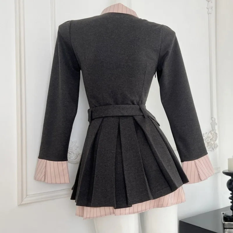 Y2K Blazer Dresses for Women Preppy Style Autumn New Patchwork Long Sleeve Pleated A-line Bow Korean Fashion Female Clothing
