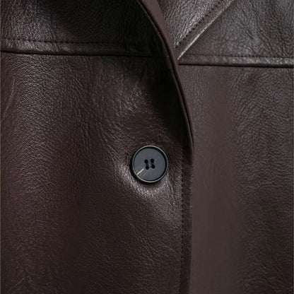 American Retro Women Brown Red PU Leather Blazer Notched Collar Full Sleeve Midi Long Oversized Suits Loose Outerwear