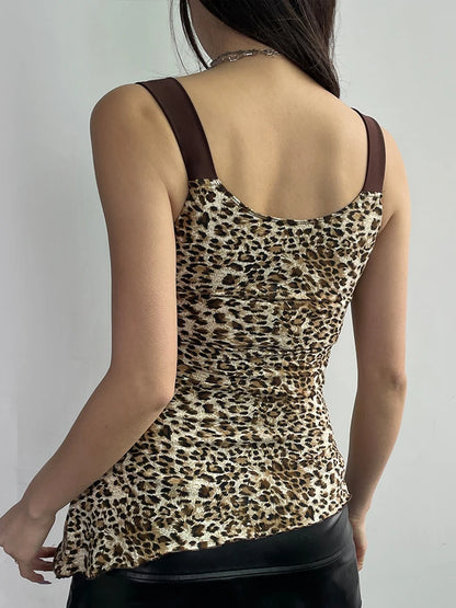 Contrast Patchwork Leopard Print Slim Asymmetrical Tank Vest Female V Neck Y2K Summer Camisole Tops