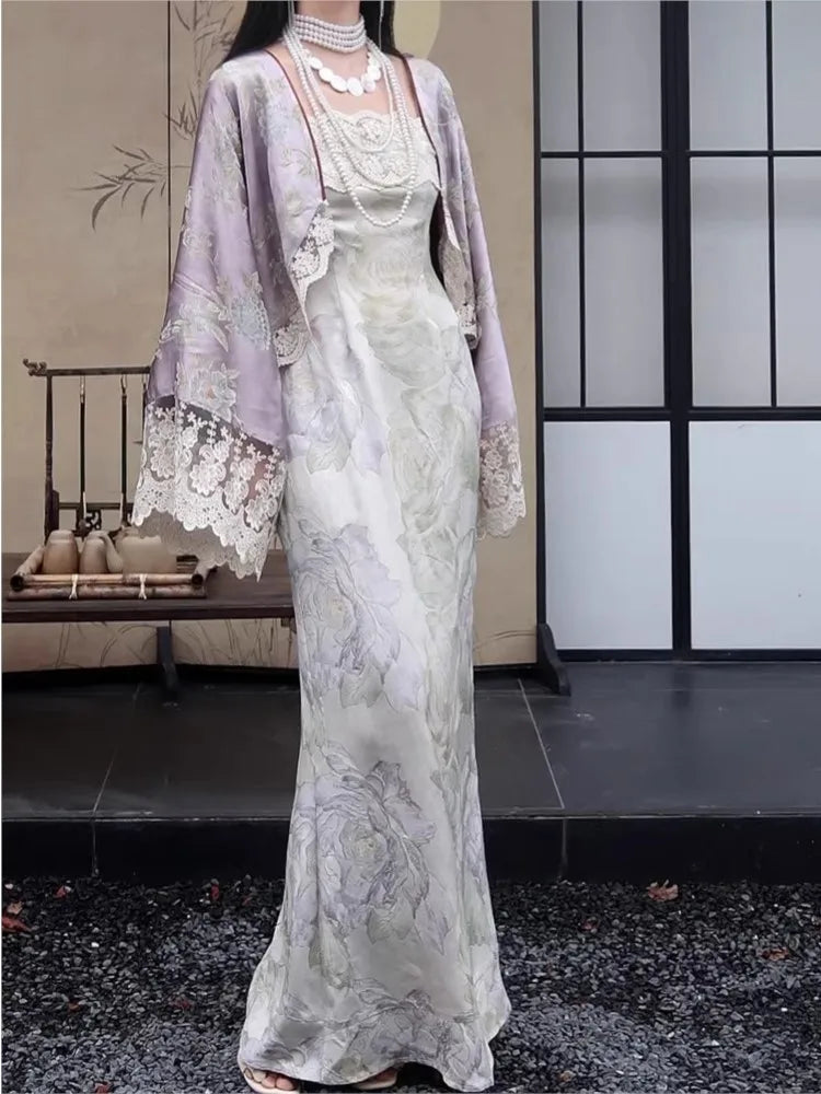 New Chinese Style Women’s Two-piece Dress Set Lace Patchwork Cardigan Spaghetti Strap Lace-up Long Dress Vintage Female Suit