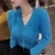 Vintage Cropped Mohair Knitted Cardigan Women V Neck Sweater Coat Streetwear Korean Black White Knitwear Solid Slim Jumpers New
