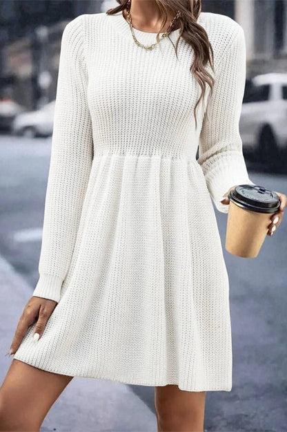 Pleated Long Sleeve Mini Dress with High Waist