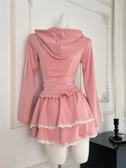 Y2K 2 Piece Set Tracksuit Women Hooded Zip Up Slim Coat Lace Patchwork Ruffles Mini Skirt Autumn Korean Fashion Solid Outfits