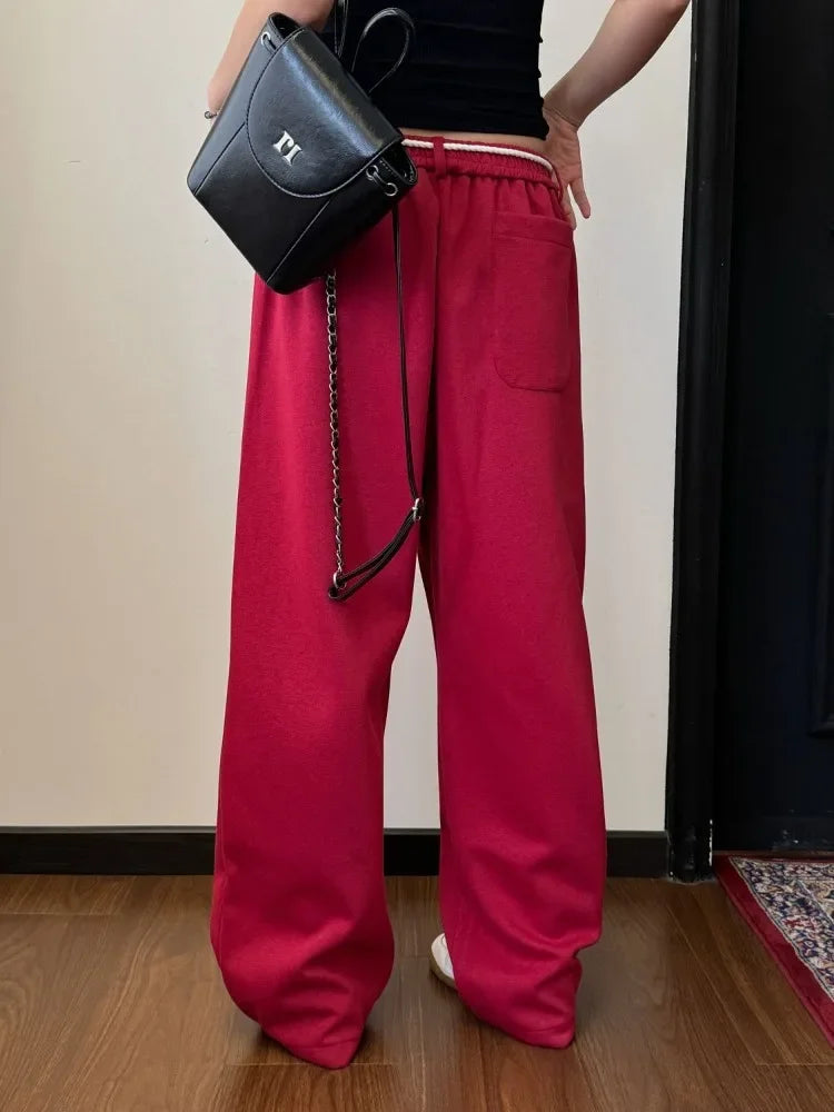 Y2k Kpop Red Sweatpants Women Baggy Harajuku Korean Hip Hop Style Wide Leg Jogger Pants Streetwear Oversized Aesthetic