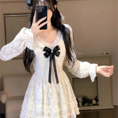 Elegant Lace Mini Dresses Women V-neck Long Sleeve Ruffles A-line Autumn New Sweet Korean Fashion Party Dress Female Vestidos