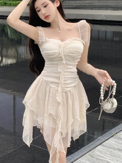 Y2K Irregular Ruffles Short Dresses for Women Spaghetti Strap High Waist A-line Summer New Korean Fashion One Piece Party Dress