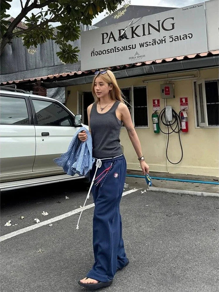 Y2k Kpop Oversized Sweatpants Women Vintage Wdie Leg Trousers with Belt Gyaru Streetwear Korean Fashion Baggy Joggers