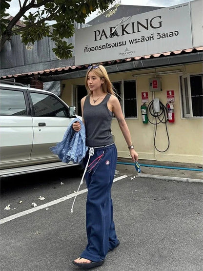 Y2k Kpop Oversized Sweatpants Women Vintage Wdie Leg Trousers with Belt Gyaru Streetwear Korean Fashion Baggy Joggers