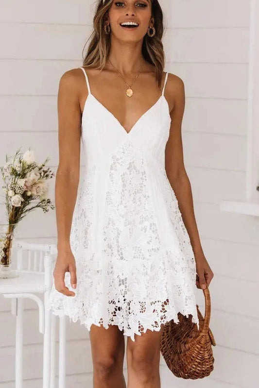 Deep V-Neck Backless Mini Dress with Spaghetti Straps and Hollow Out Detail