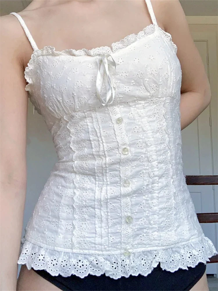 Lace White Corset Tank Tops Spaghetti Strap Sleeveless Camisole Tops Y2K Aesthetic Casual Vest Shirts Female