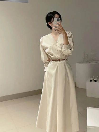 Korean Fashion V-neck Midi Dresses for Women with Belt Long Sleeve A-line Office Lady Autumn New Elegant Solid Female Clothing