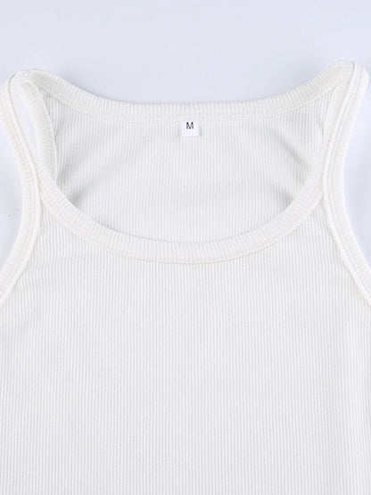 White Solid Basic Ribbed Cropped Vest Sleeveless Slim O Neck Tanks Camis Women Simple Fashion Elegant Summer Top Tees