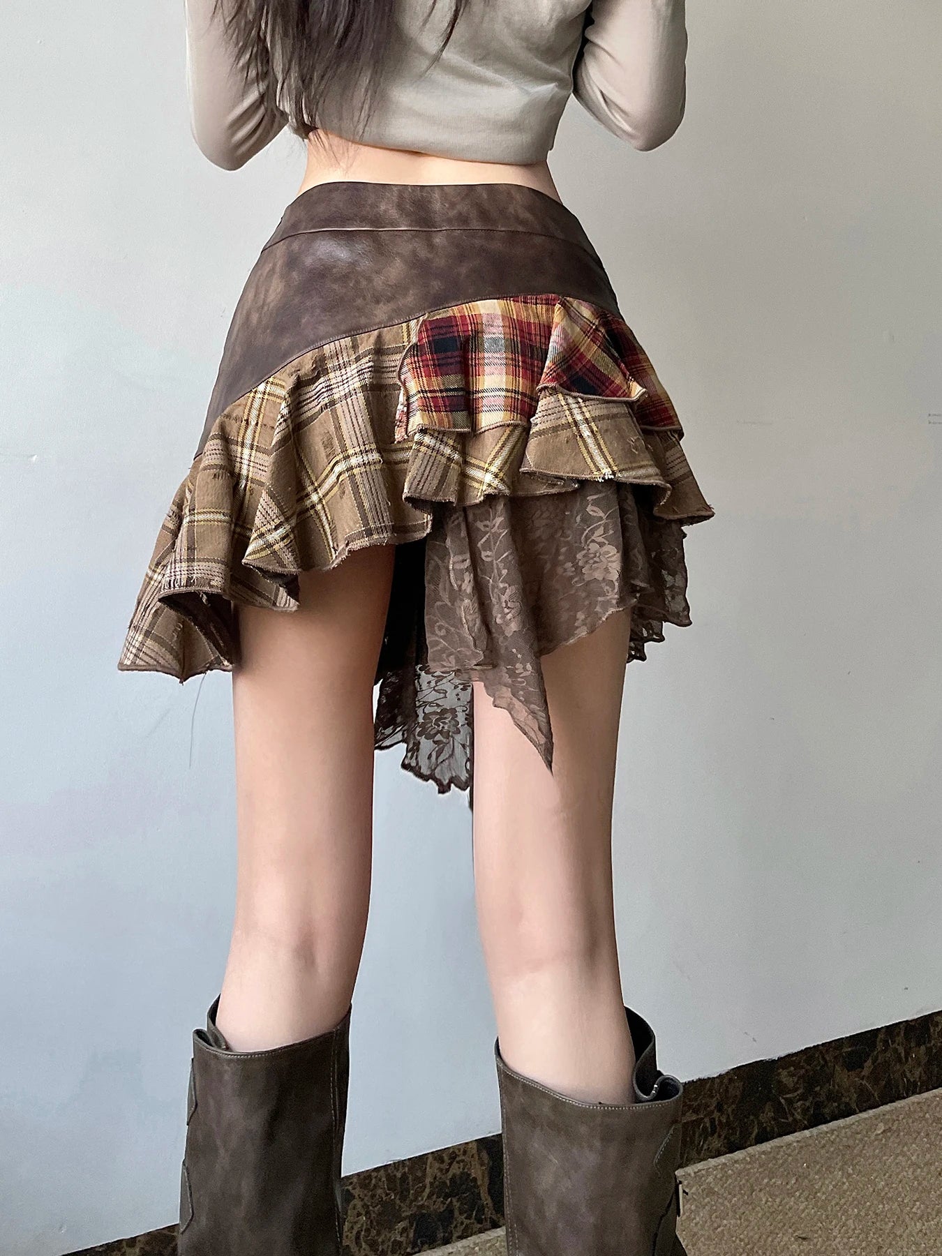 American Retro Asymmetrical Women¡¯s Mini Skirts Lace Stripes Plaid Leather Irregular Fashion Chic Design Short Dresses