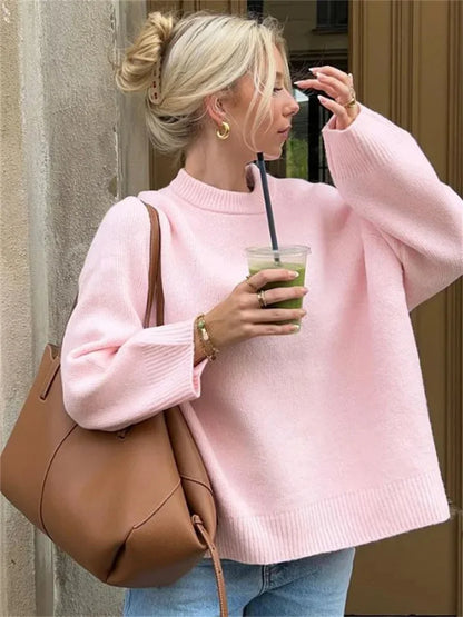 Pink Knitwear Sweater Pullover For Women Long Sleeve Fashion Loose Patchwork Cute Y2k Top Female Knit Elegant Pullover New