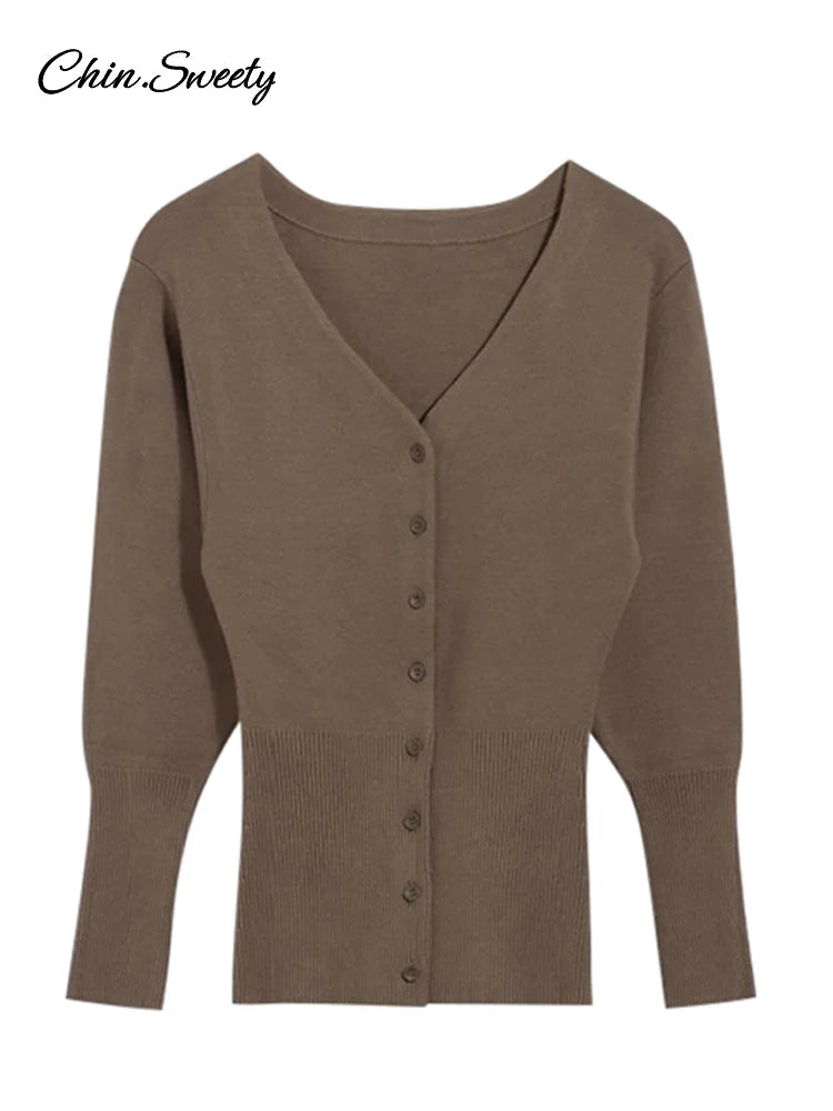 Vintage Women Knit Cardigans Solid V-Neck Long Sleeve Slim Button Sweater Female  Fashion Autumn Winter Lady Knitwear New