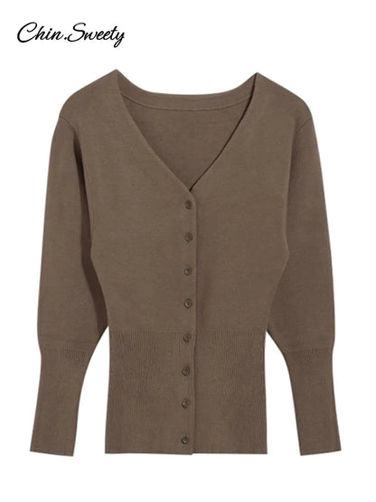 Vintage Women Knit Cardigans Solid V-Neck Long Sleeve Slim Button Sweater Female  Fashion Autumn Winter Lady Knitwear New