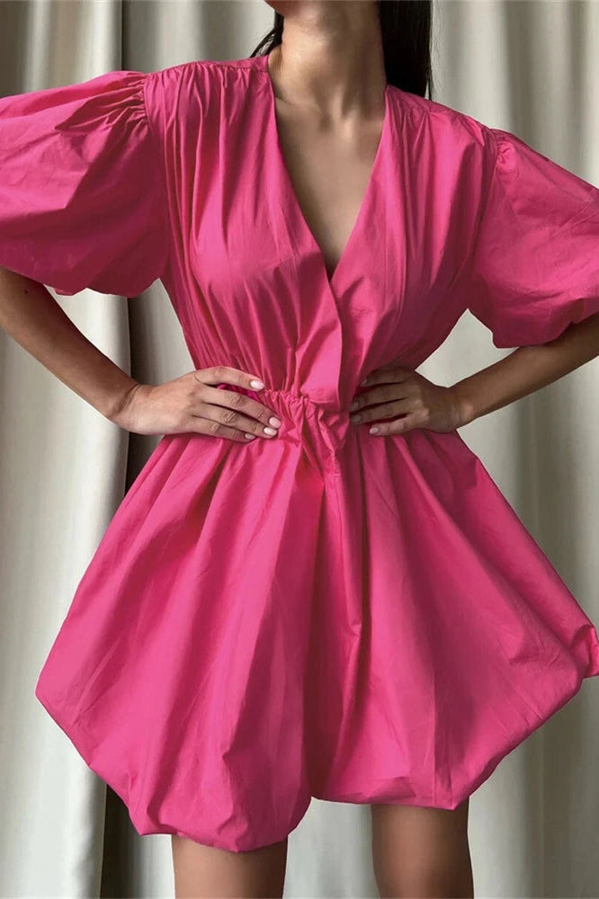 V-Neck High Waist Pleated Mini Dress with Short Sleeves
