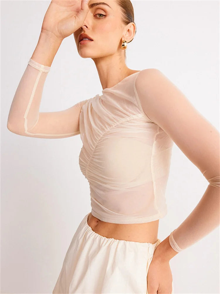 Summer See-Through Mesh T-shirt Top Women Pleated Patchwork See-Through Slim Cropped Top Tee Female Solid T-shirt Pullover