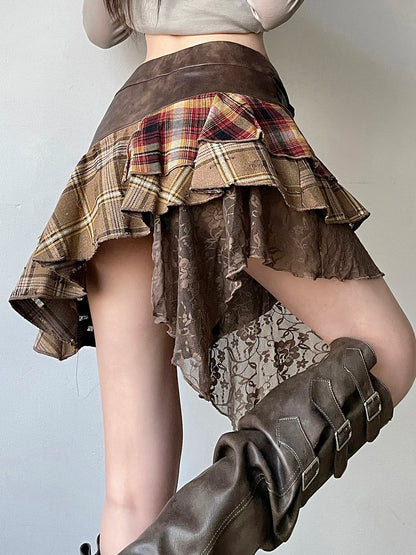 American Retro Asymmetrical Women¡¯s Mini Skirts Lace Stripes Plaid Leather Irregular Fashion Chic Design Short Dresses