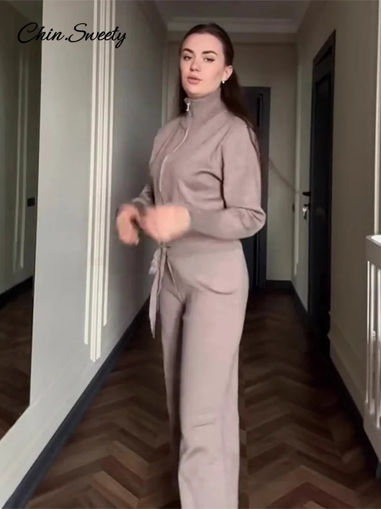 Knitted Pants Sets Women Stand Collar Zipper Cardigan Loose High Waist Pants Suits  Autumn Winter New in Matching Outfits