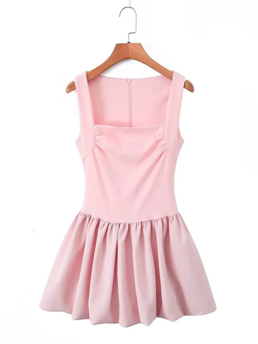 Spring New Pink Sweet Mini Dress Women Square Collar Sleeveless Short A-line Vestidos Elegant Fashion Casual Female Dresses 2025