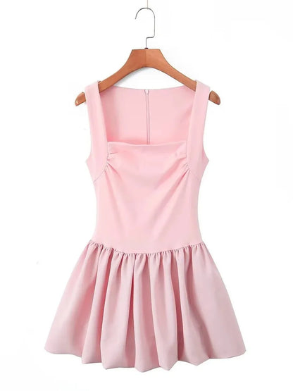 Spring New Pink Sweet Mini Dress Women Square Collar Sleeveless Short A-line Vestidos Elegant Fashion Casual Female Dresses 2025